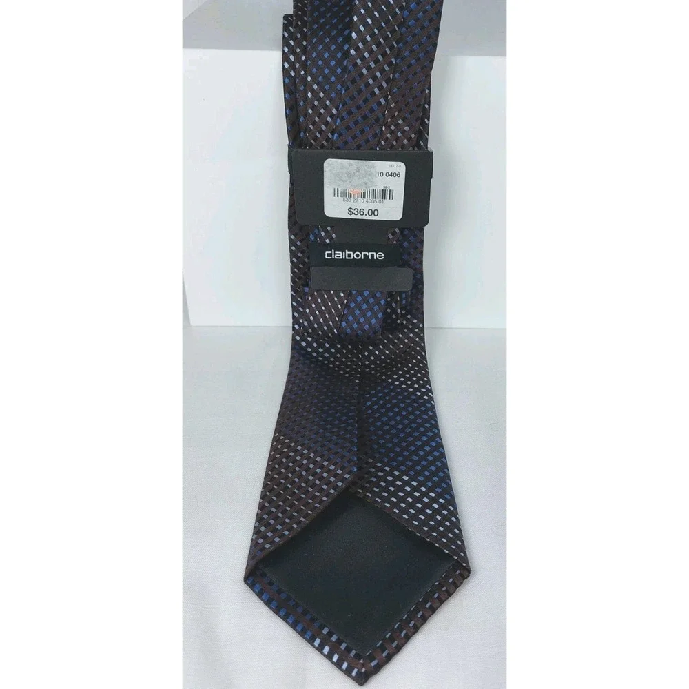 New CLAIBORNE Mens 100% Silk Necktie Blue Brown Geometric Modern 3